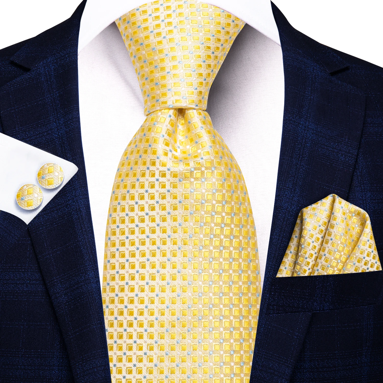 Small Grid Herringbone Striped Mens Necktie Set 3PCS, Pocket Square And Cufflinks Included