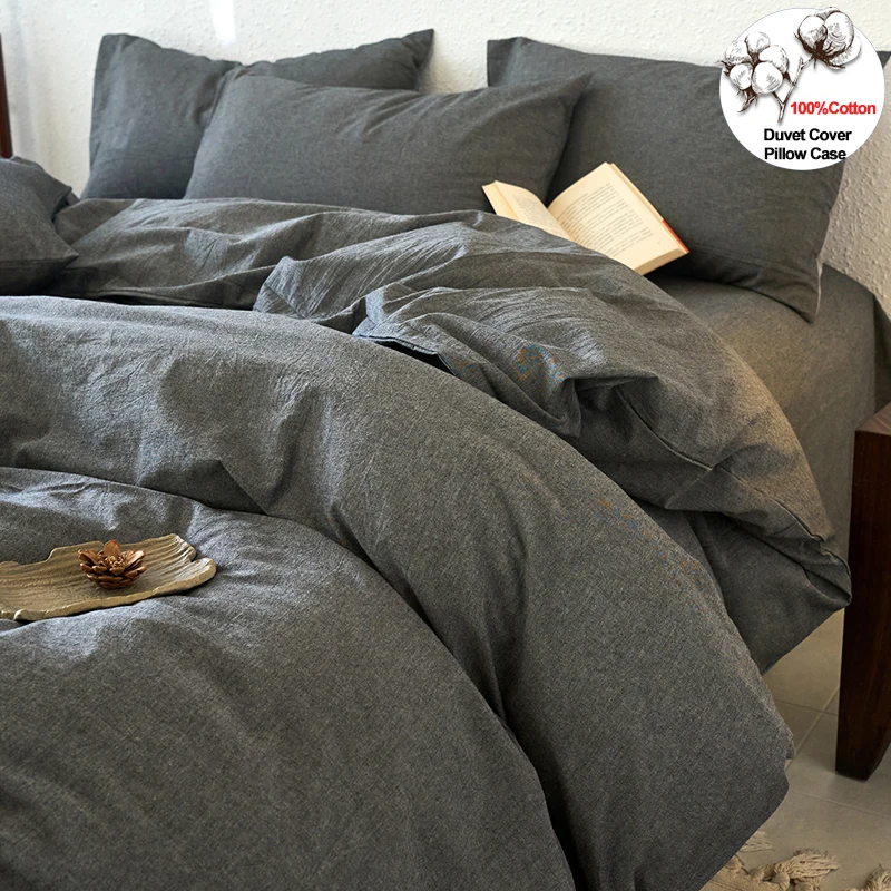 100% Cotton Duvet Cover Set Yarn-dyed Washed Cotton Bedding Set Fade Stain Resistant Easy Care Soft Bedding Pillowcase