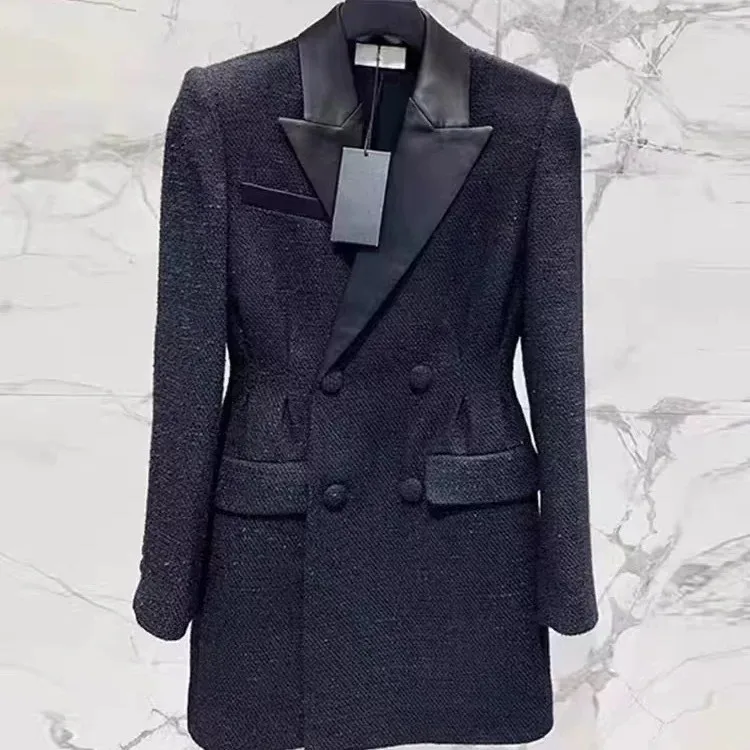 Black Satin Lapel Double Breasted Waist Cinched Glitter Tweed Blazer Mini Dress Women Evening Cocktail Suit Coat