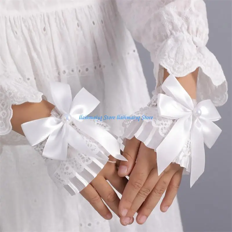 573B Elaborate Pearls Wrist Cuffs Detachable Wristband Elegant Pleated Lace Brim False Wristband for Sweater Accessories