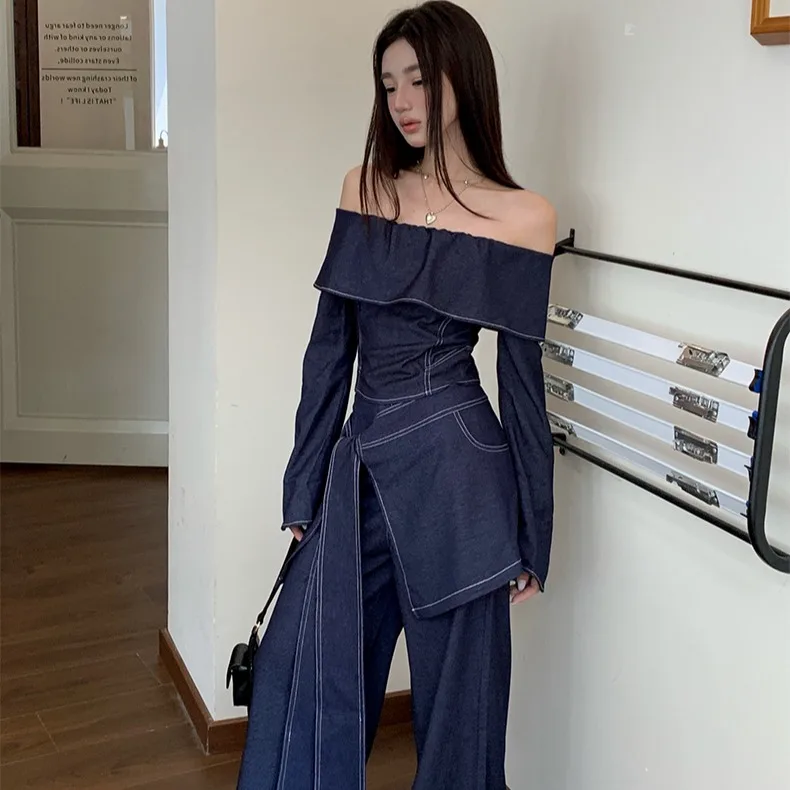 Denim Tops Cover Up Wide Leg Pants Set Women Work Casual One-shoulder T-shirt Wide High Waist Baggy Jeans Retro Three Piece Set