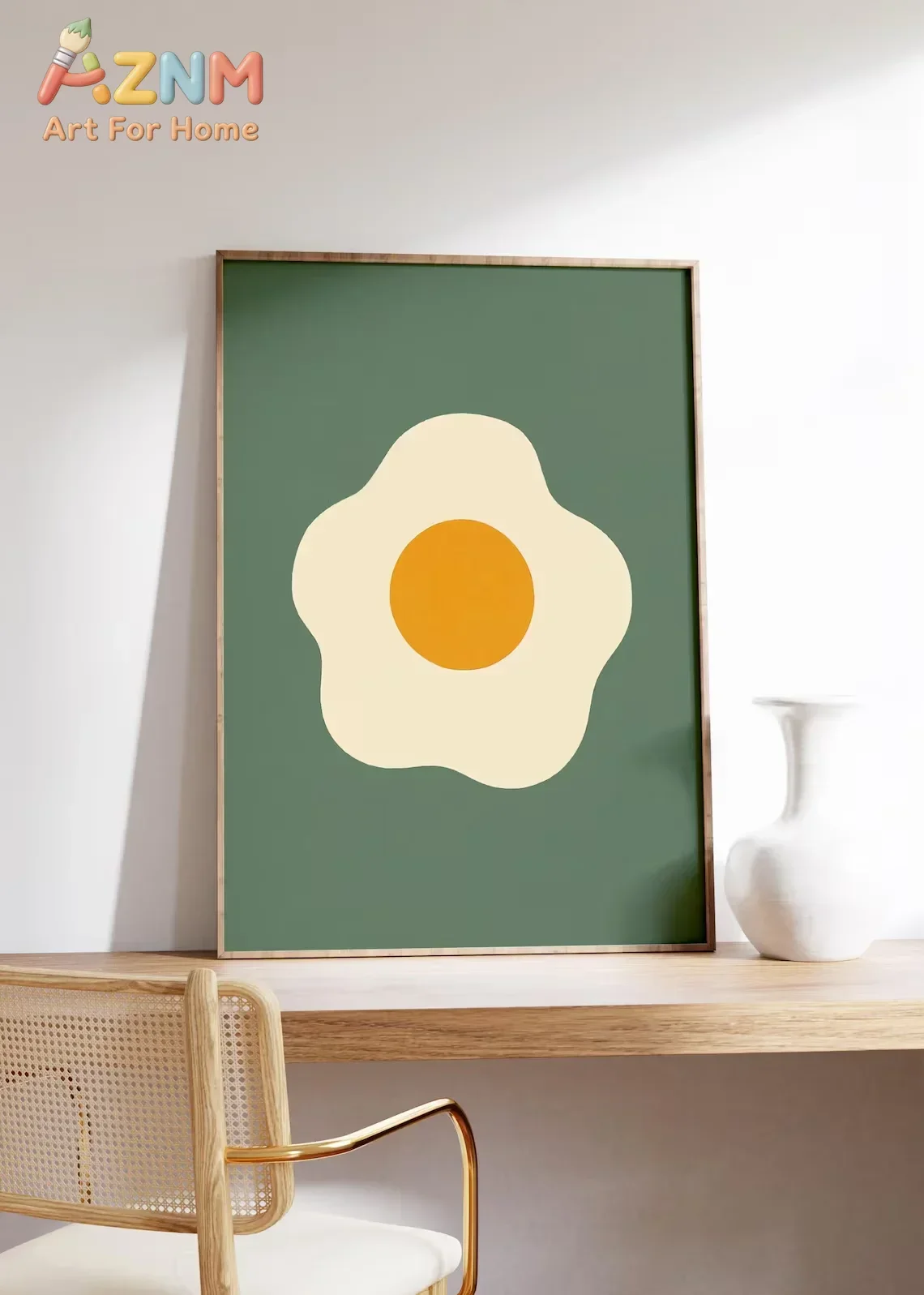AZNM Frameless Canvas Wall Art Abstract Fried Egg Print Green Background Minimalist Kitchen Decor Poster Home Wall Artwork