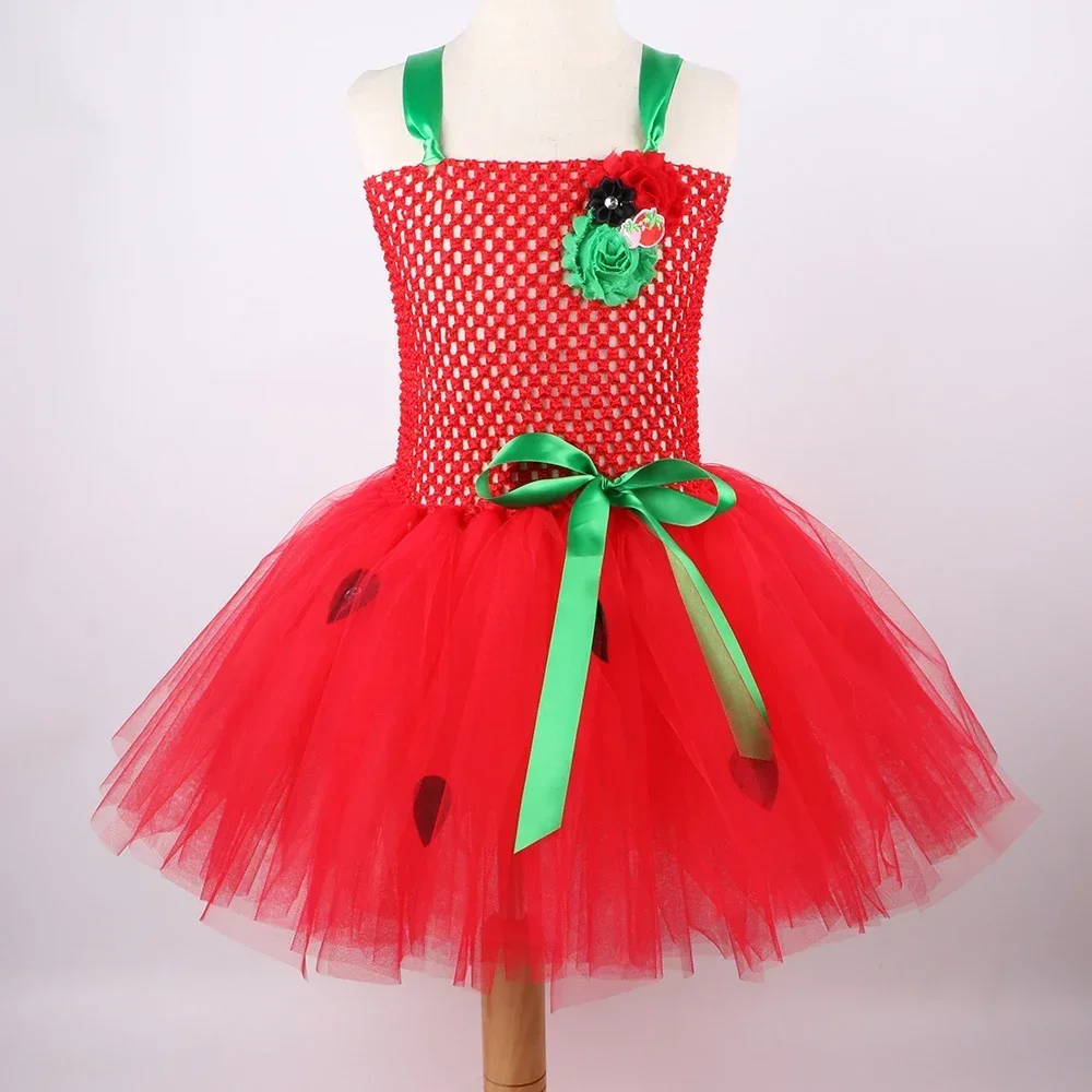 Strawberry Costume Kids Halloween Carnival Perform Fruit Dress Up Clothes Red Tutu Dress Girls Christmas Birthday Party Dresses