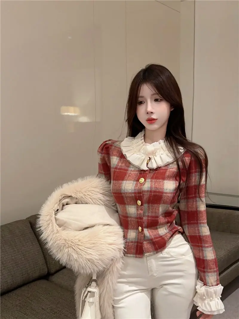 Retro Plaid Shirt with Doll Collar Sweet Long Sleeved French Style Niche Short Versatile Jacket Women\'s Top