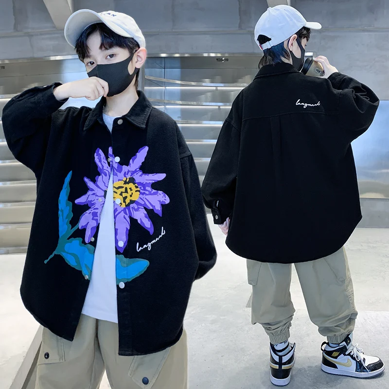 New Autumn Kids Children Long Sleeve Black Shirt For Teenage Boys Casual Floral Blouse Outfit Age 5 6 7 8 9 10 11 12 13 14 Years