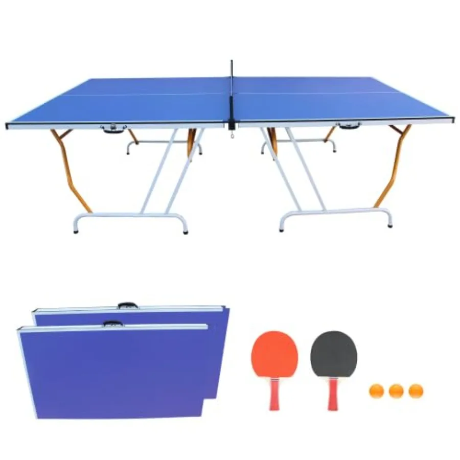 9ft Mid-Size Table Tennis Table Foldable and Portable Ping Pong Table Set for Indoor Games with Net 2 Table Tennis Paddles and