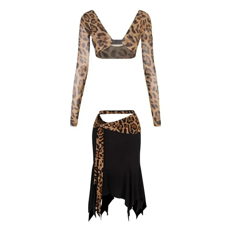 Traje de baile latino para mujer, Top latino de leopardo Sexy, faldas irregulares, ropa de baile de salón profesional para fiesta y escenario SL9034