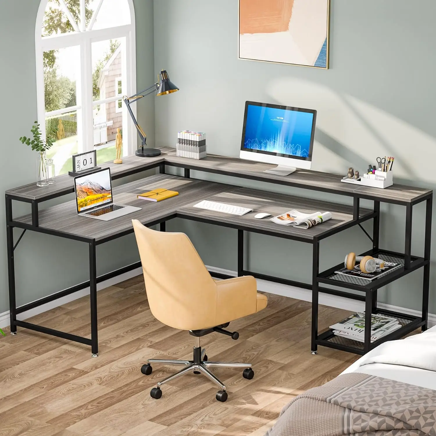 Tribesigns 69 Inch L Shaped Desk with Monitor Stand, Large Reversible Corner Desk with Storage Shelf, Industrial Computer Table