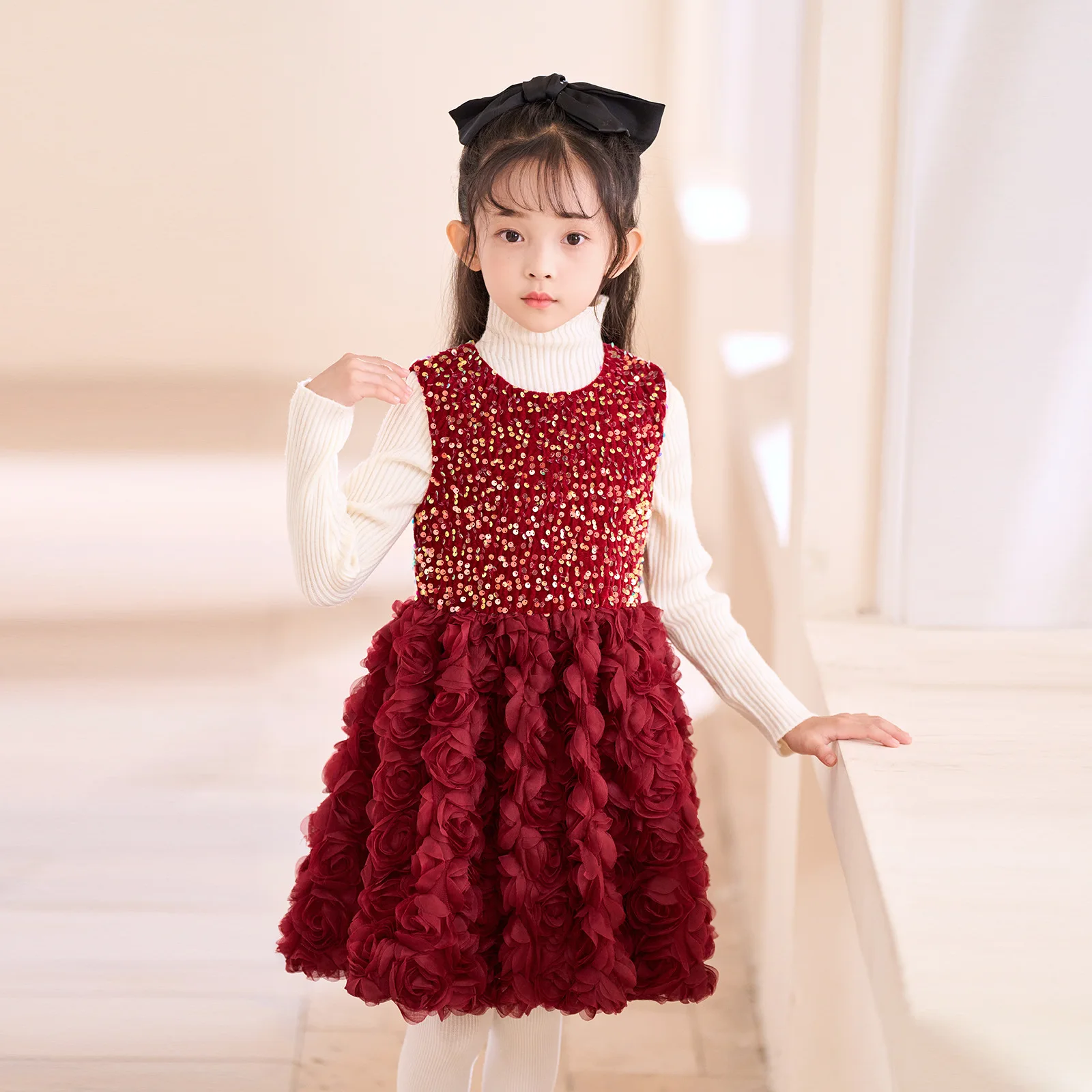 Children Girl Autumn Princess Sundress Cotton Sequin Sleeveless Infant Baby Girl Vestidos Ruched 3D Rose Hem Toddler Girls Dress