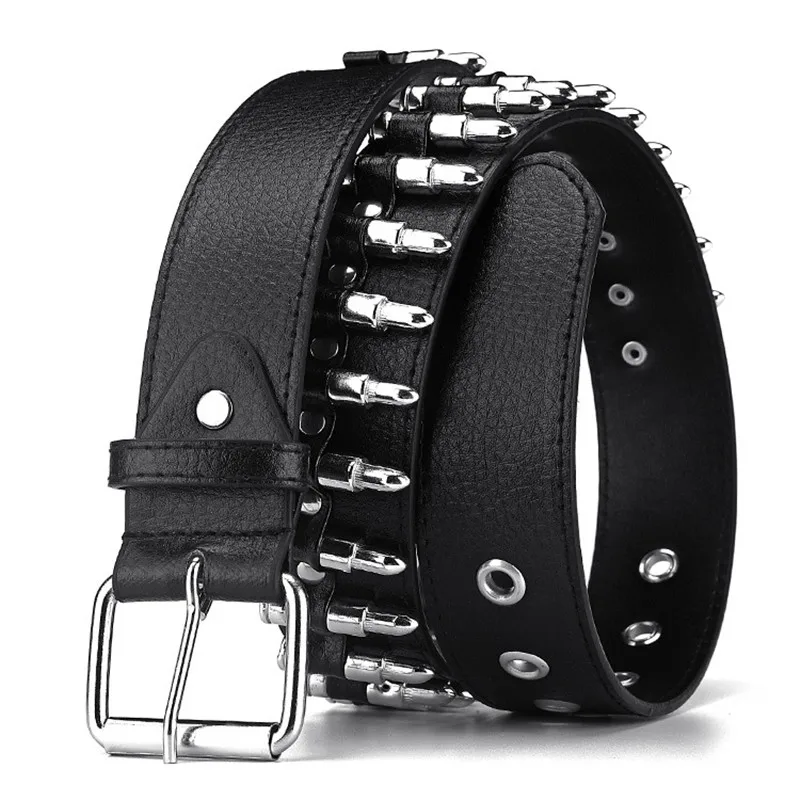 Punk Hollow Bullet Cinto Decorativo para Homens e Mulheres, Cintura Preta Ajustável, Couro, Cravejado, Goth Rock, Presente da Moda Selvagem, Senhoras