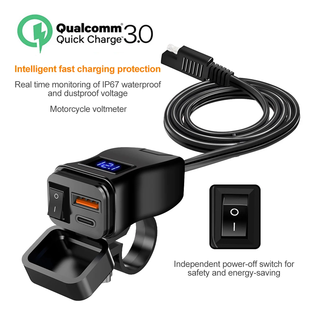 PD QC3.0 Motorcycle USB Fast Cellular Charger Waterproof Type C Port Socket Connector With Cell Mobile Voltmeter Digital Charge