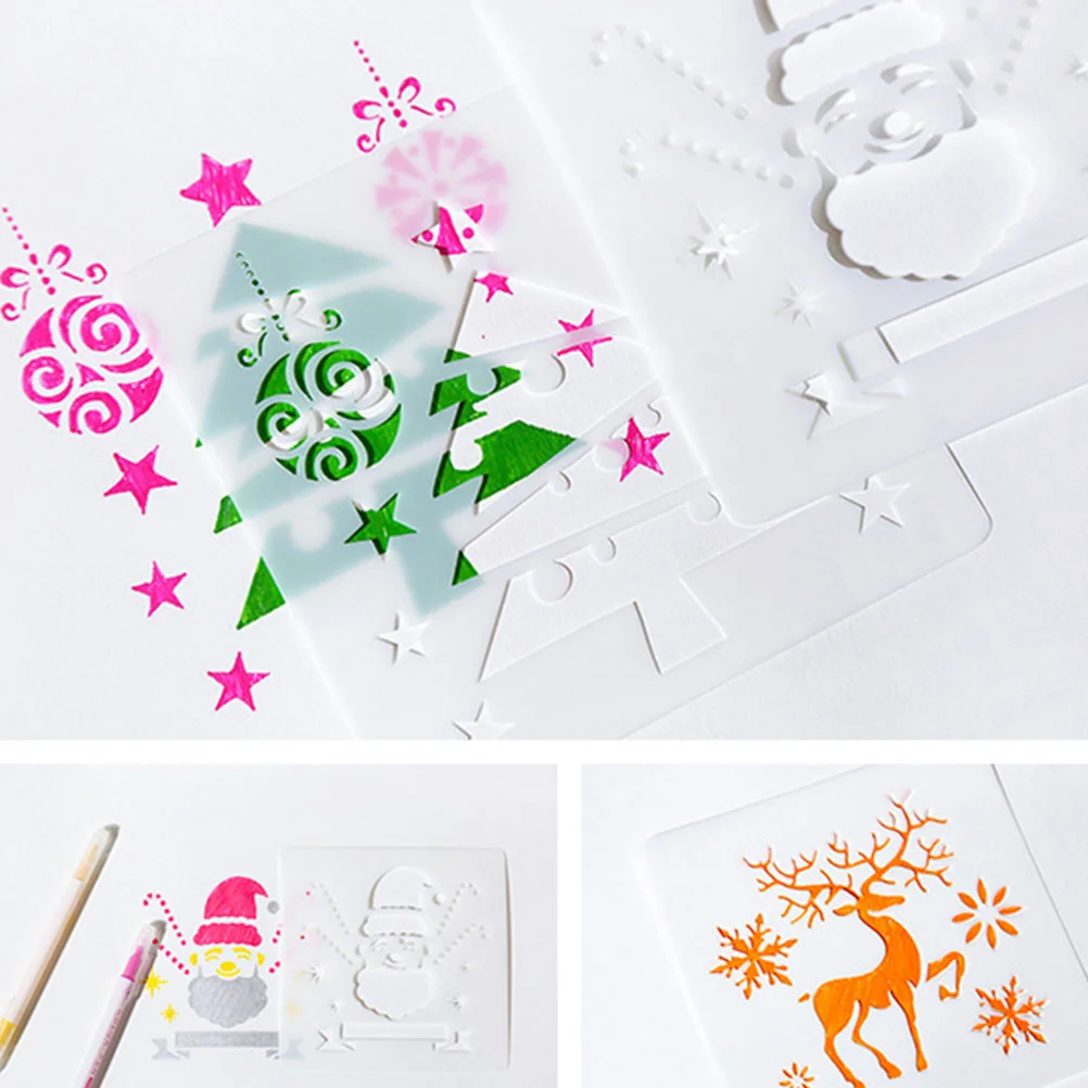 12pcs Christmas Elements Painting Template Drawing Tool Cartoon Hollow Painting Stencils Education Learning Toys White