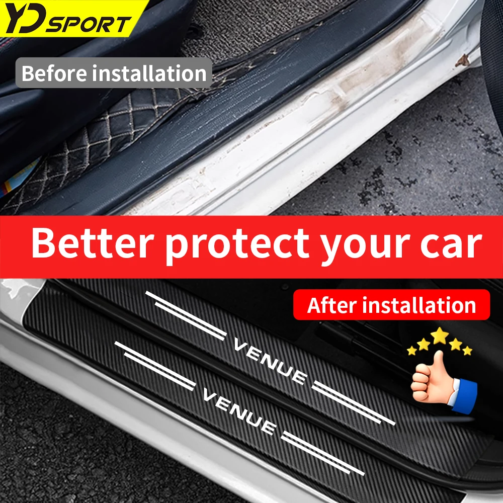 Car Door Threshold Scuff Plate Carbon Fiber Sill Protector Sticker For Hyundai VENUE Trunk Bumper Decal Strips Auto Accessories