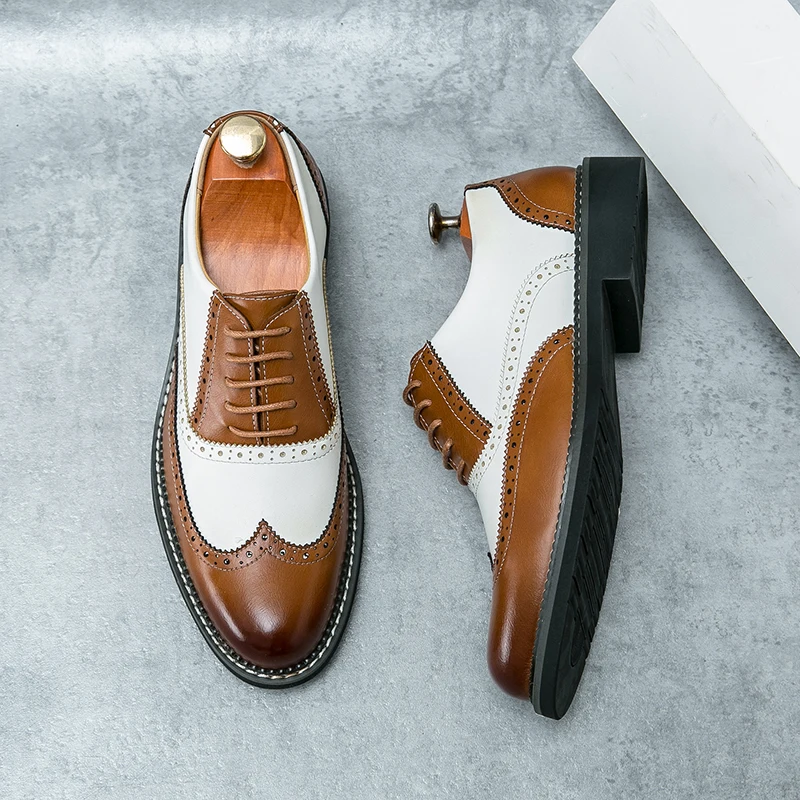 British leather shoes men match color white brown leather business casual Brock carved retro dress shoes for men