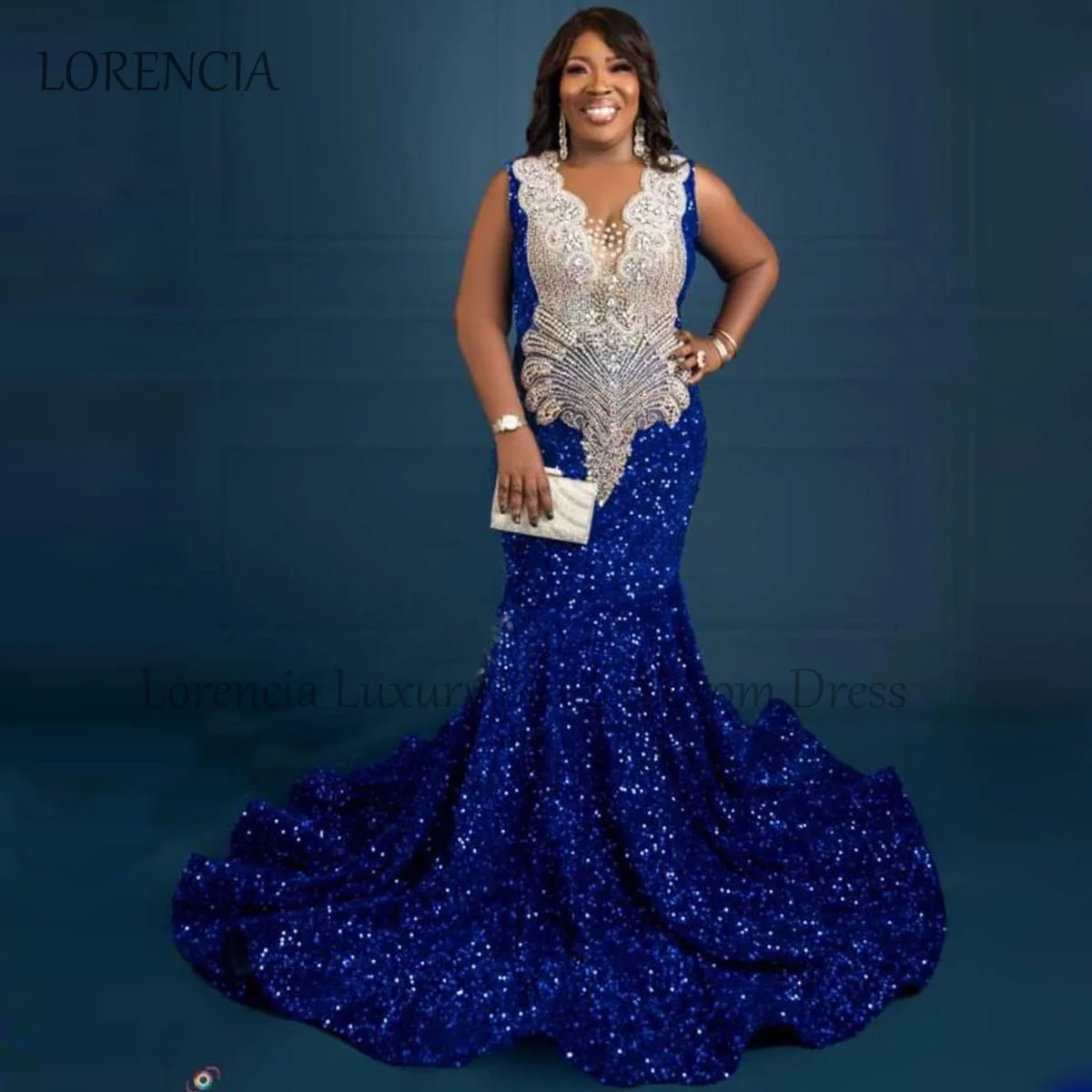 Long Blue Prom Dresses Crystals Luxury Sleeveless Rhinestones Bead Evening Gown Evening Party Gown Formal vestidos de gala