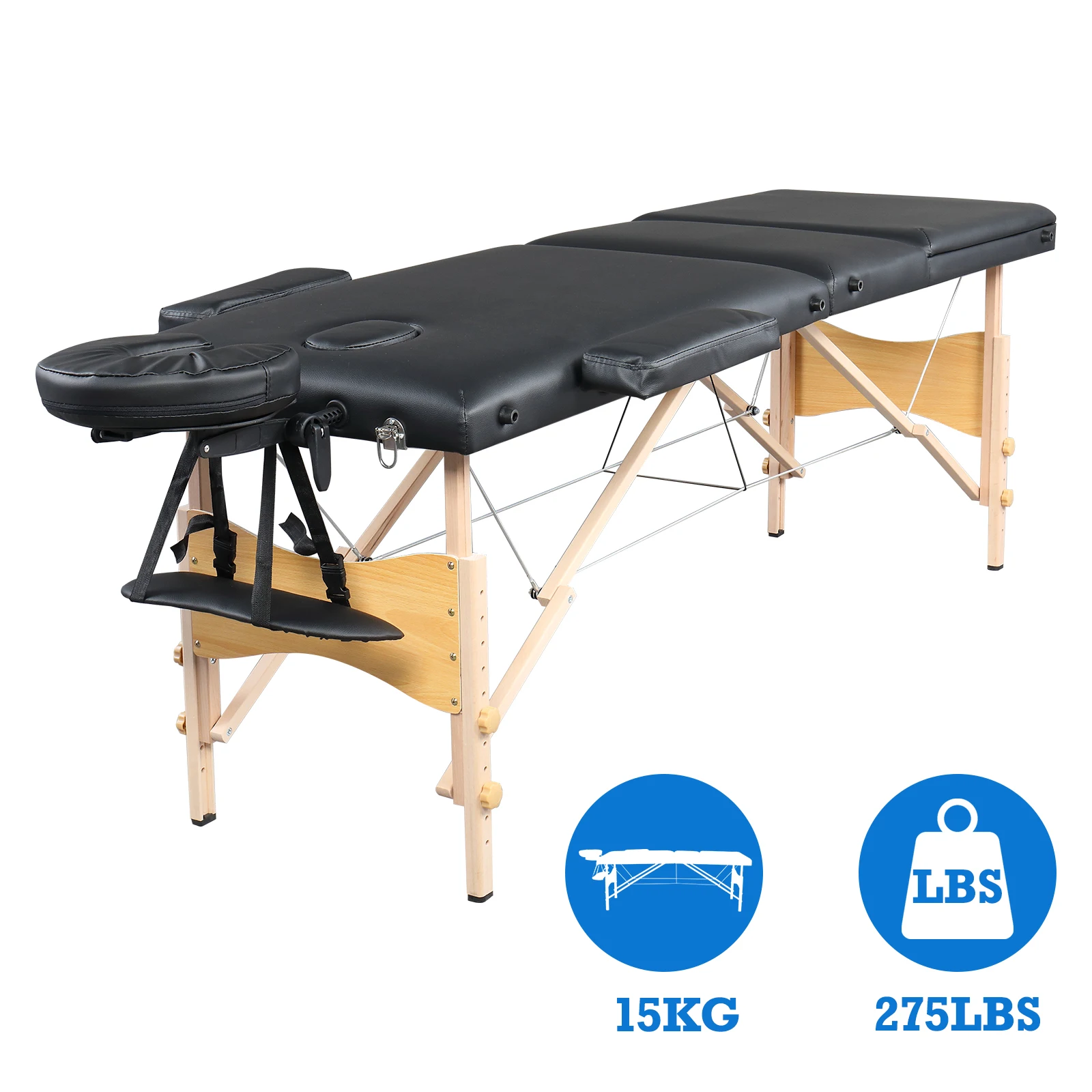 84 Inch 3 Sections Folding Portable Massage Table Beech Leg Beauty 60CM Wide Adjustable Height Massage Bed Black[US-Stock]