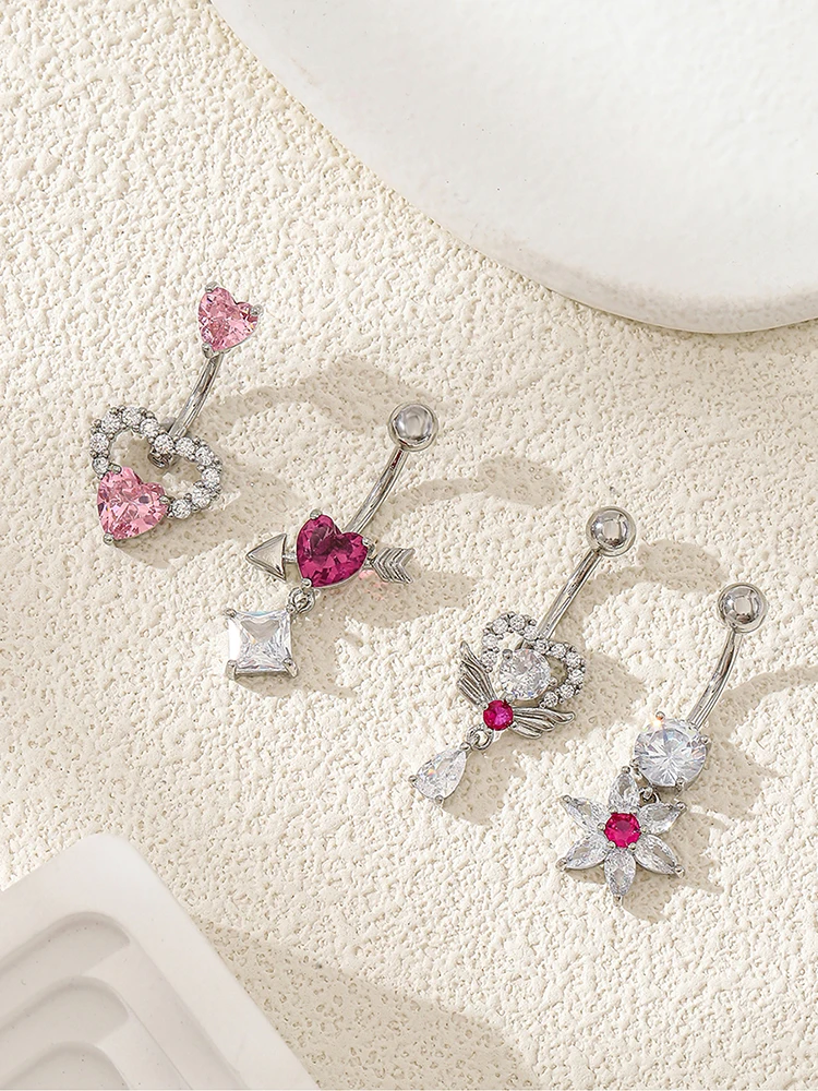 KUNIU 4pcs Fashiony2k Heart Shape Cupid Archery Zircon Long Pendant Belly Button Ring Women Body Piercing Belly Ring Set