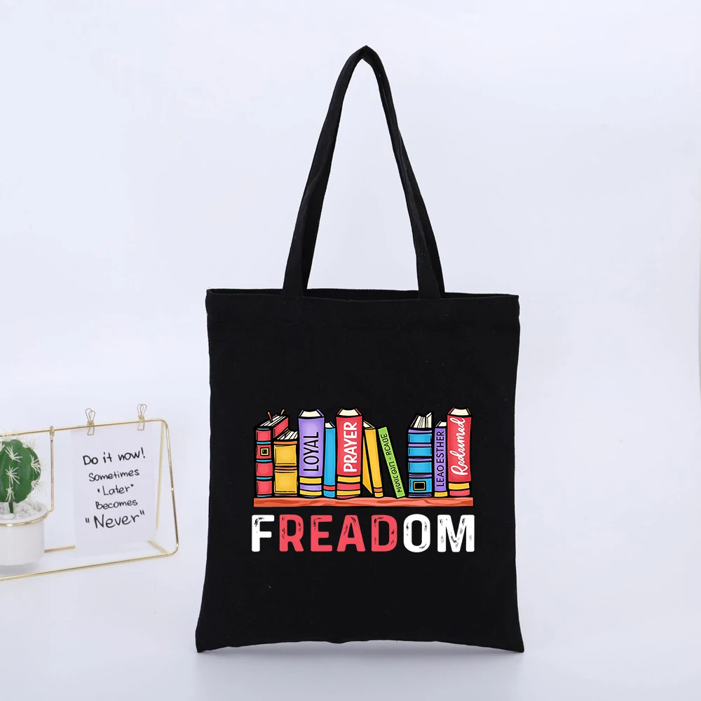 Book Stack Letter Print Canvas Tote Bag, Casual Style for Daily Shopping and Reading Outings