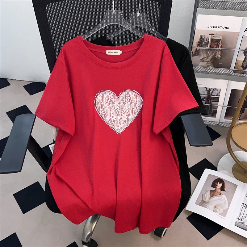 

Женская футболка больших размеров 170 кг, лето 2022, свободная футболка с короткими рукавами и круглым вырезом, черная, красная, 4XL, 5XL, 6XL, 7XL, 8XL, 9XL