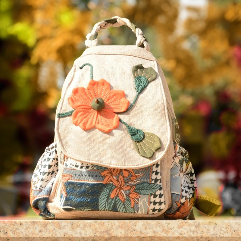 

Хлопково-льняная вышитая повседневная женская сумка-рюкзак для путешествий и фотосъемки в этническом стиле с художественным цветочным 3D-дизайном