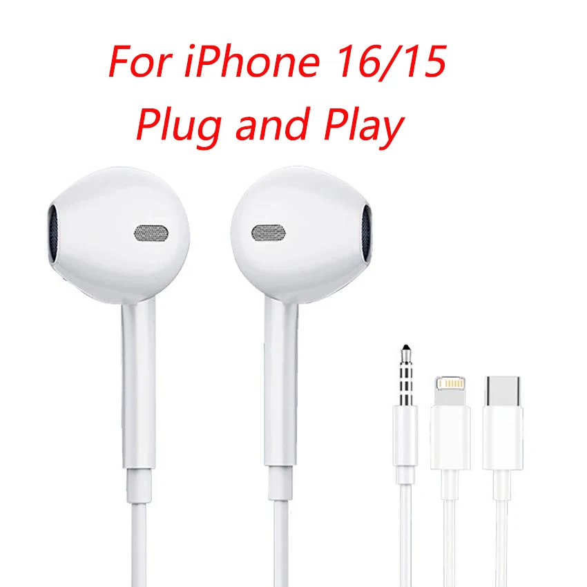 Auriculares con cable originales para iPhone 16, 15, 14, 13, 12, 11 Pro Max 7, iPad, auriculares intrauditivos Lightning USB-C de 3,5mm, accesorios