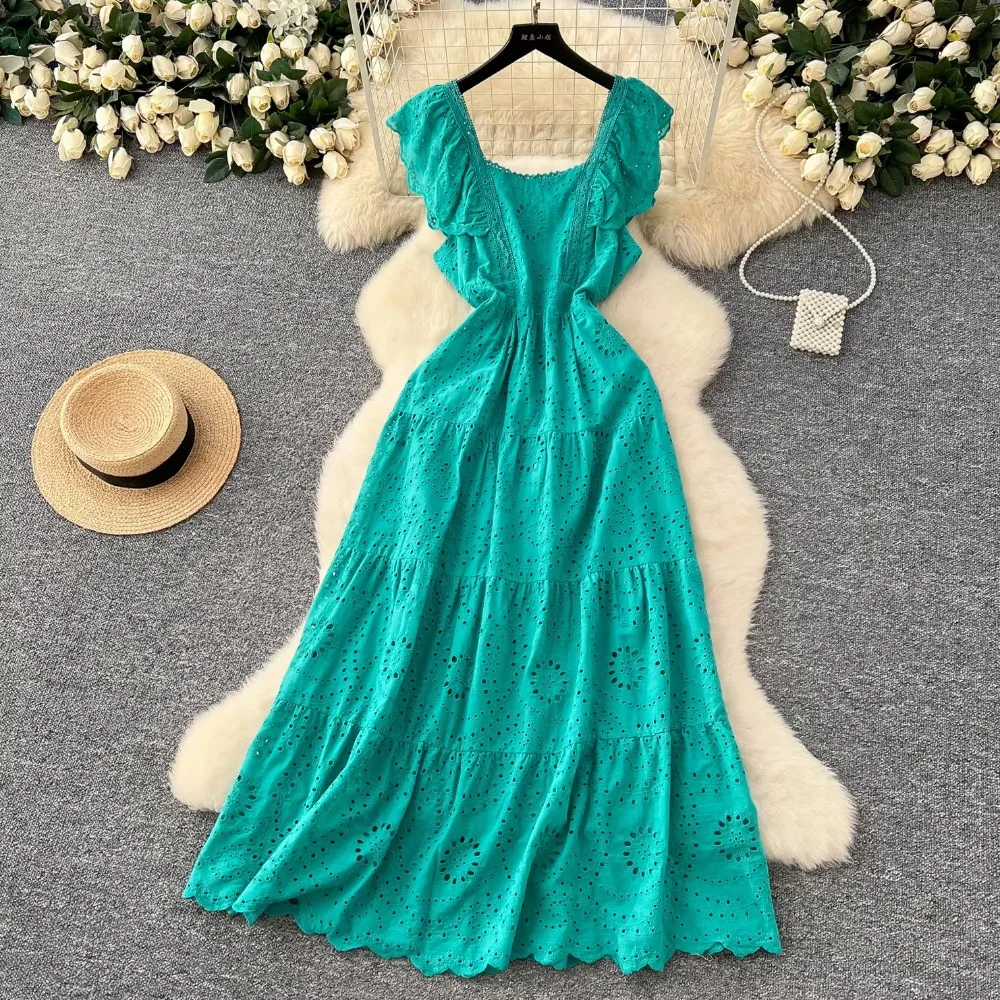 Elegant Square Collar Vintage Hollow Out Embroidered Flying Sleeves Slim Fairy Long Dresses French Vacation High Street Clothing