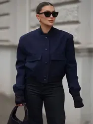HH 2024 Autumn Female Fashion Bomber Jacket Long Sleeves Single Breasted Solid Zipper Fly Casual Coats Street Outerwear