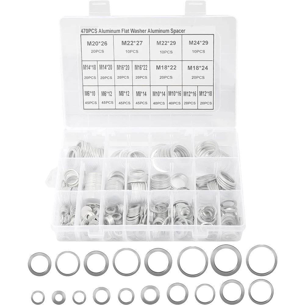 470 pieces of automotive metric oil drain plug washer aluminum flat washer kit, 18 size automotive oil pressure washer kit.