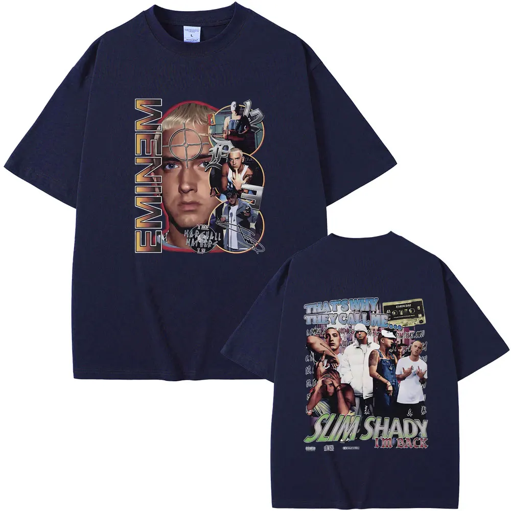 Rapper Eminem The Slim Shady Double Sided Print T-shirt Male Fashion Hip Hop T Shirts Men\'s Pure Cotton Oversized Short Sleeve