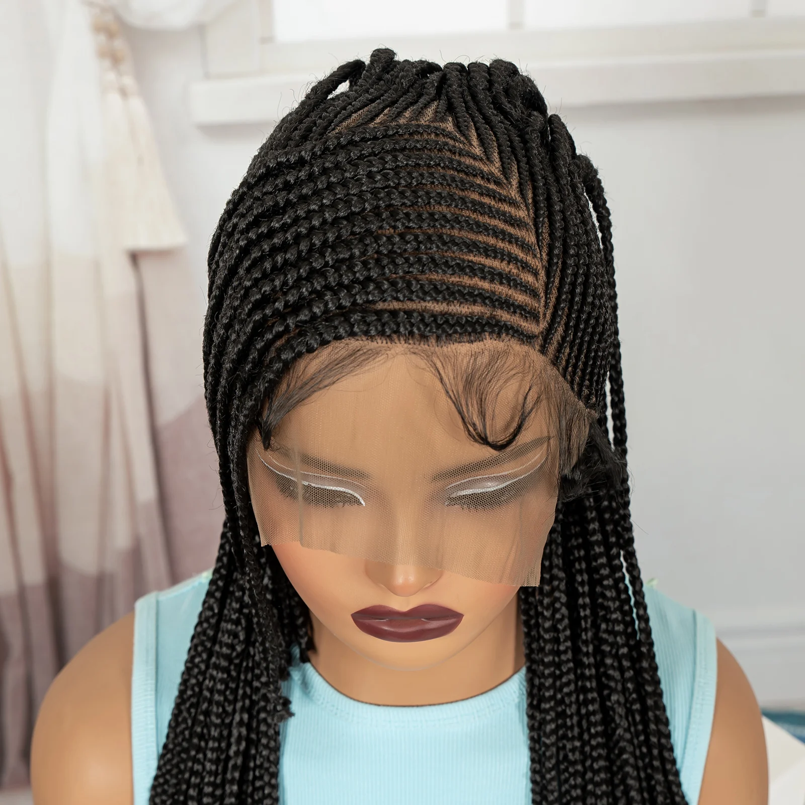 30inch Natural Cornrow Braided Wigs Synthetic Full Lace Ponytail Braided Wigs Knotless Braids Wig with Baby Hair for Black Women