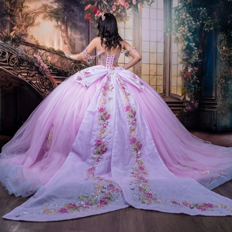 فساتين Quinceanera الوردية اللامعة قبالة الكتف الترتر زين الدانتيل الخرز تول حفلة عيد ميلاد الحلو 16 فستان Vestidos 15 De #2