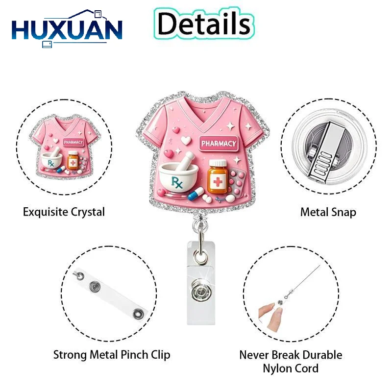 Rotatable Retractable Badge Reel With Glitter Design, Nurse Uniform Clip On ID Card Holder For Hospital Staff Work ID