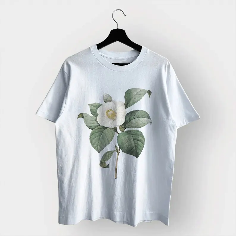 Vintage Flower White Camellia Tshirt, Vintage 90s Tattoo Flower Tshirt, Botanical T shirt, Boho Style Wildflower, Floral Cottage