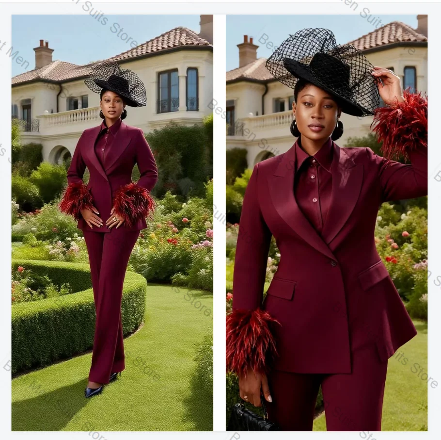 ชุดสูทผู้หญิงสีเบอร์กันดี 2 ชิ้น เสื้อเบลเซอร์+กางเกงขายาว หรูหรา ประดับขนนก ชุดทำงานทางการ แจ็คเก็ตสั่งตัด ชุดทักซิโด้สำหรับงานแต่งงาน เสื้อโค้ทสำหรับงานพรอม