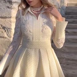 White Sexy Embroidery Lace Jacquard Party Dress Spring Lapel High Waist Women Long Dress Autumn Long Sleeve Patchwork Maxi Dress