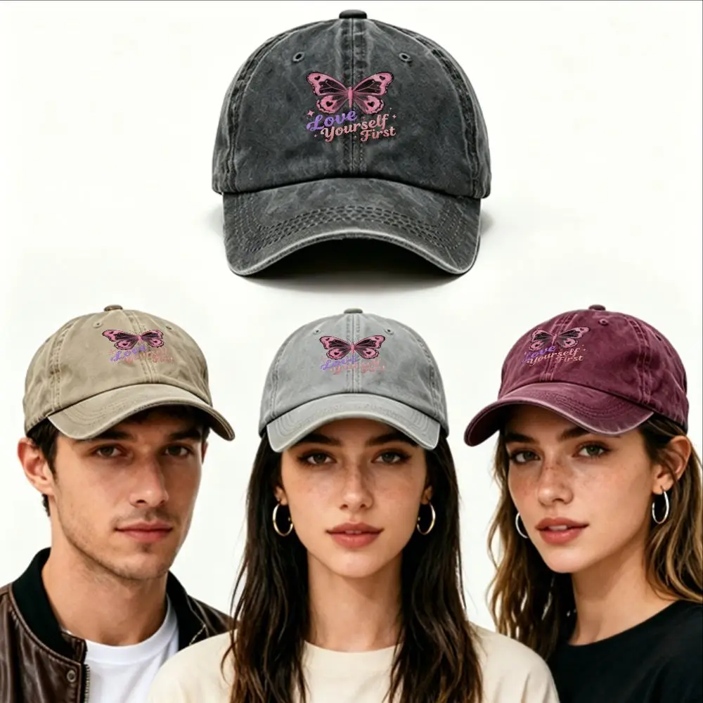 1pc Retro Washed Distressed Baseball Cap Love Yourself First Butterfly Print Outdoor Unisex Suitable for Casual Wear And Outdoor