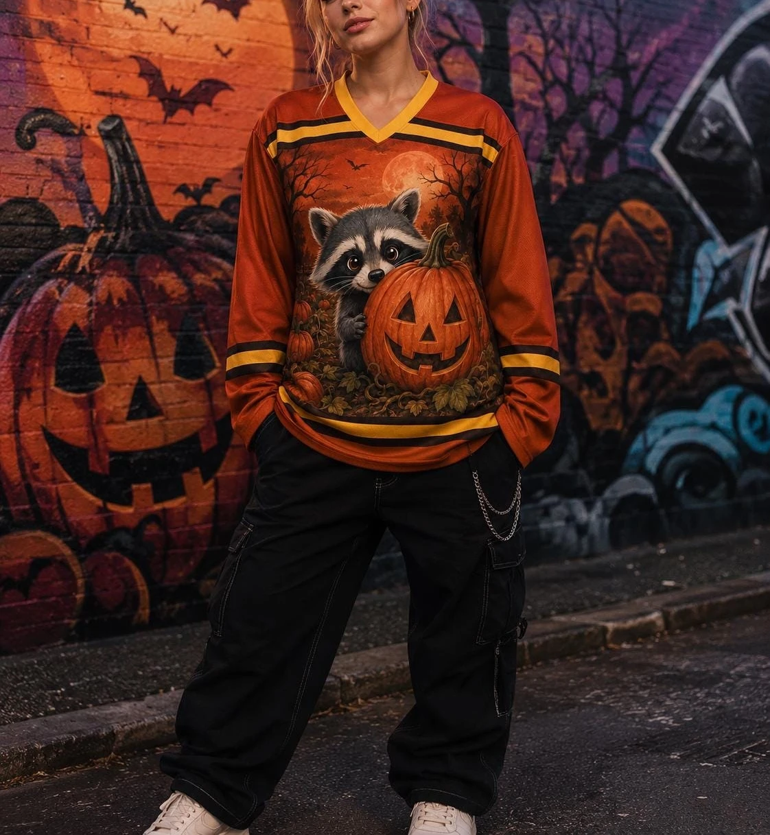 Fall Halloween Adorable Raccoon Graphic Hockey Jersey 3D Print V Neck Long Sleeve Autumn Festival Streetwear Tops FamilyMatching