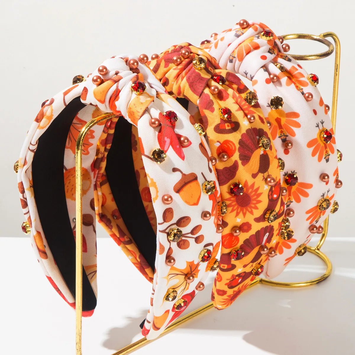 

Thanksgiving Maple Leaf Turkey Printed Fabric Beaded Rhinestone Headband Fashionable Holiday Hair Accessory