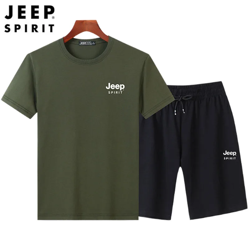 JEEP SPIRIT Summer 100% Cotton Outdoor Leisure Sports Suit Men\'s Breathable T-shirt + Fashion Shorts High Quality Two-piece Set