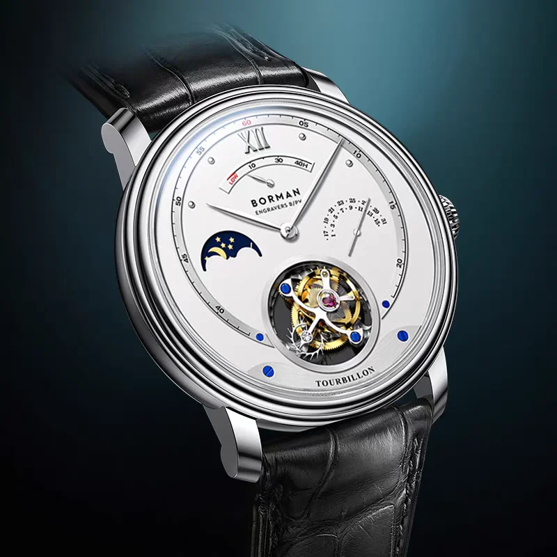 Borman Men Tourbillon Watch 40mm Manual Winding Mechanical Wristwatch Sapphire Mirror ST8007 Power Reserve Indicator Date
