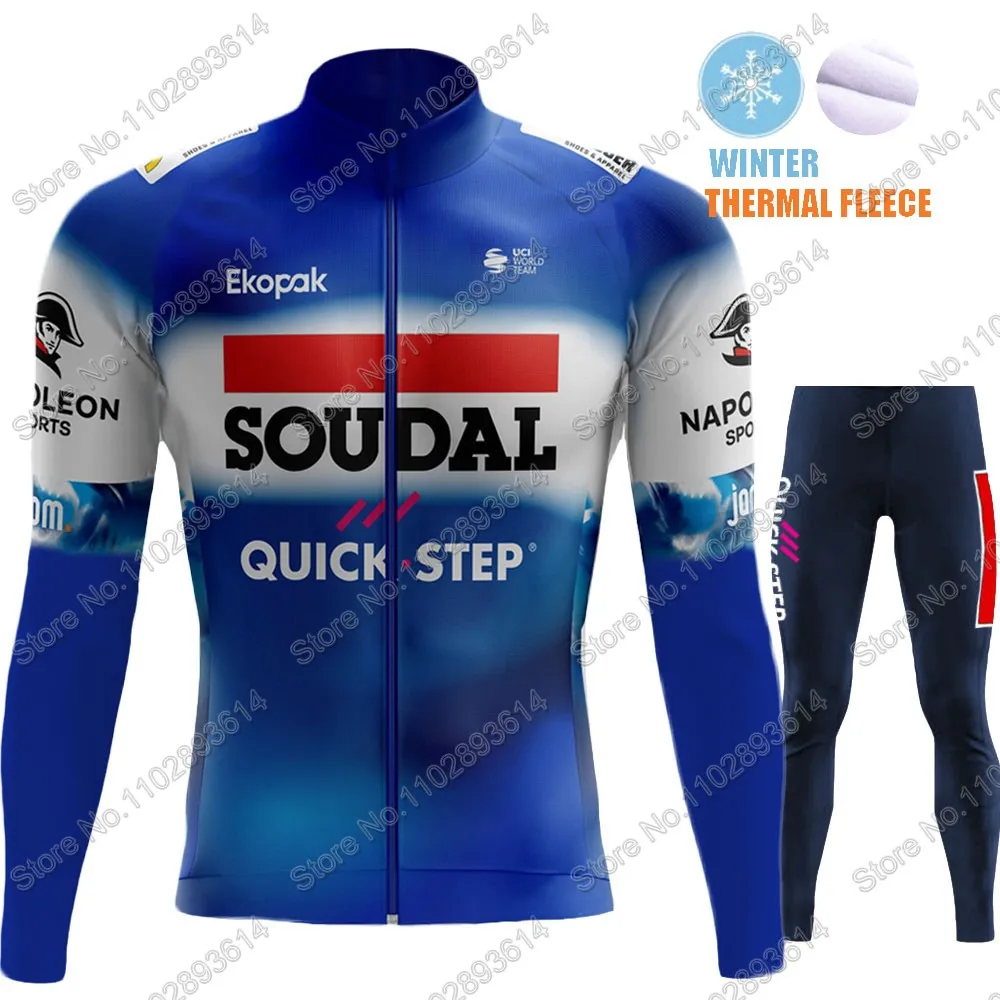 Soudal Quick Step Team Winter 2024 Cycling Jersey Clothing Set Thermal Fleece World Champion Long Sleeve Pants Bib Bike Suit MTB