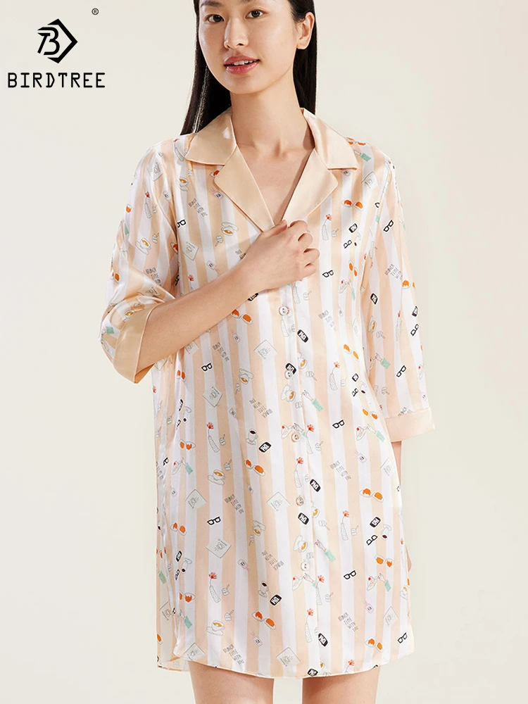 

BirdTree 6A 100%Mulberry Silk Pajama Dress,Three-quarter Sleeves Striped Print Soft Women,Shirt Nightdress,2024 Spring P41893QD