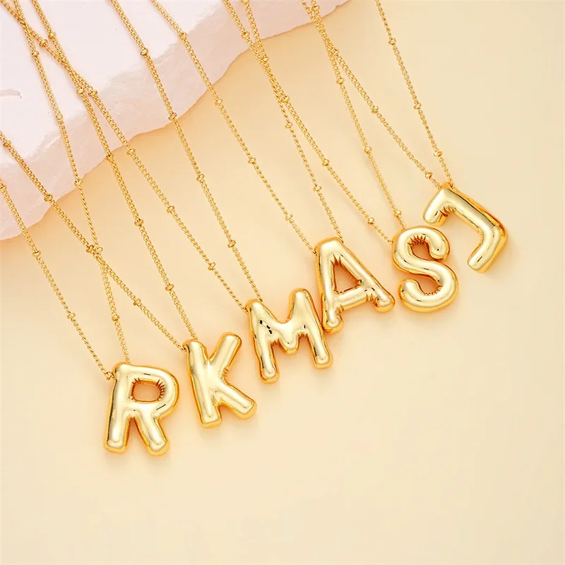 Vintage Balloon Bubble Chunky Letter Necklace for Women Golden Plated Initial Chain Necklaces Collar Jewelry Gifts Wholesale