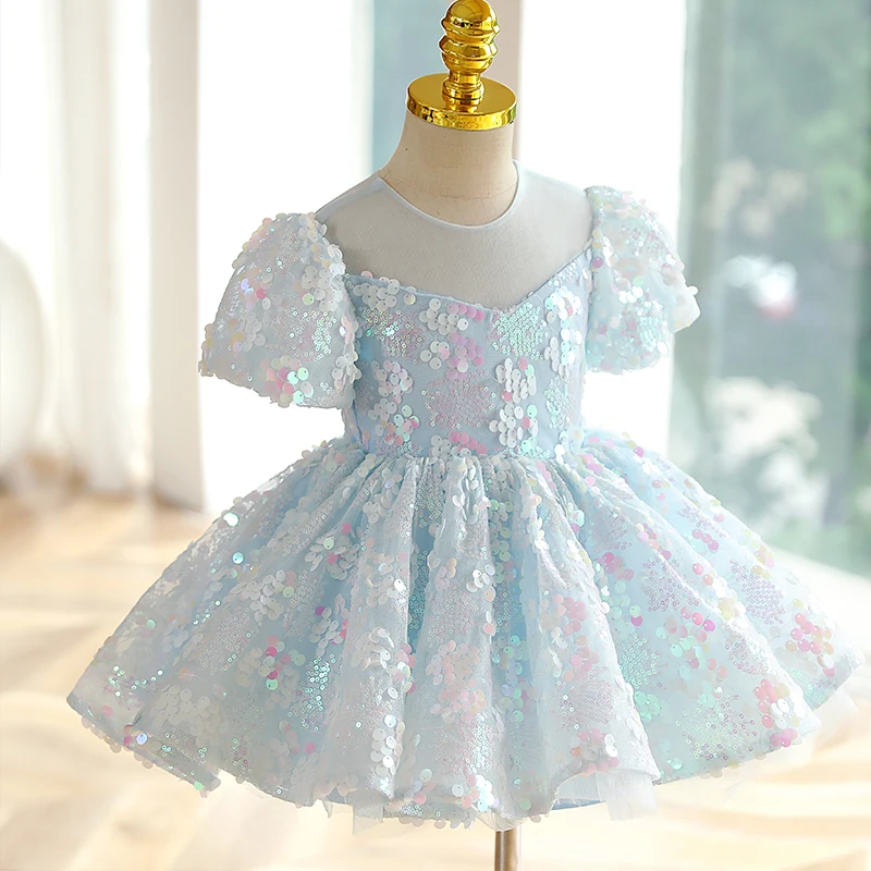 Toddler Girl Luxury Party Blue Sequin Dresses for Kids Formal Prom Short Evening Gowns Child Eid Costume Princess Pageant Dress