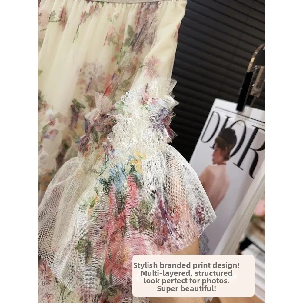 Floral Printed Layered Dert Skirt Vestido A-line f-length Women's Heavy-du Floral Swirly Tulle Petticoat Skirt Net