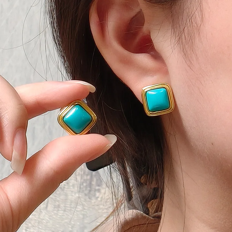 Turquoise S925 Silver Plated 18K Gold Earrings Natural High Porcelain Turquoise Square Women's Earrings