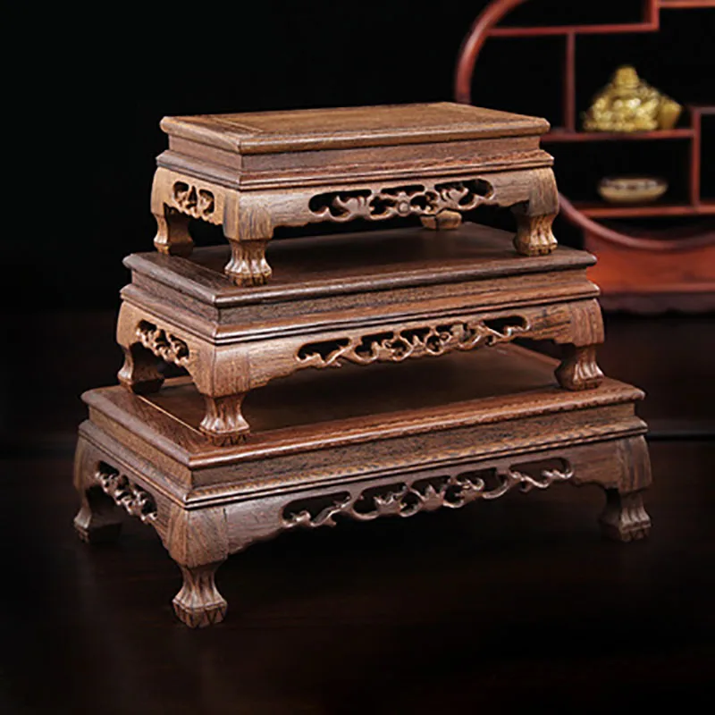 Rosewood Carving Crafts, Buddha Ornaments Base, Chicken Wing Wooden, Rectangular Vase, even Stone Base, Solid Wood Support