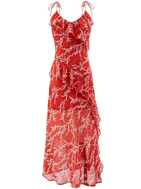 

Vacation Style Red Floral Print Strap Dress Women's Gored Hem Waist Cinched Atmosphere Irregular Long Skirt Single Piece