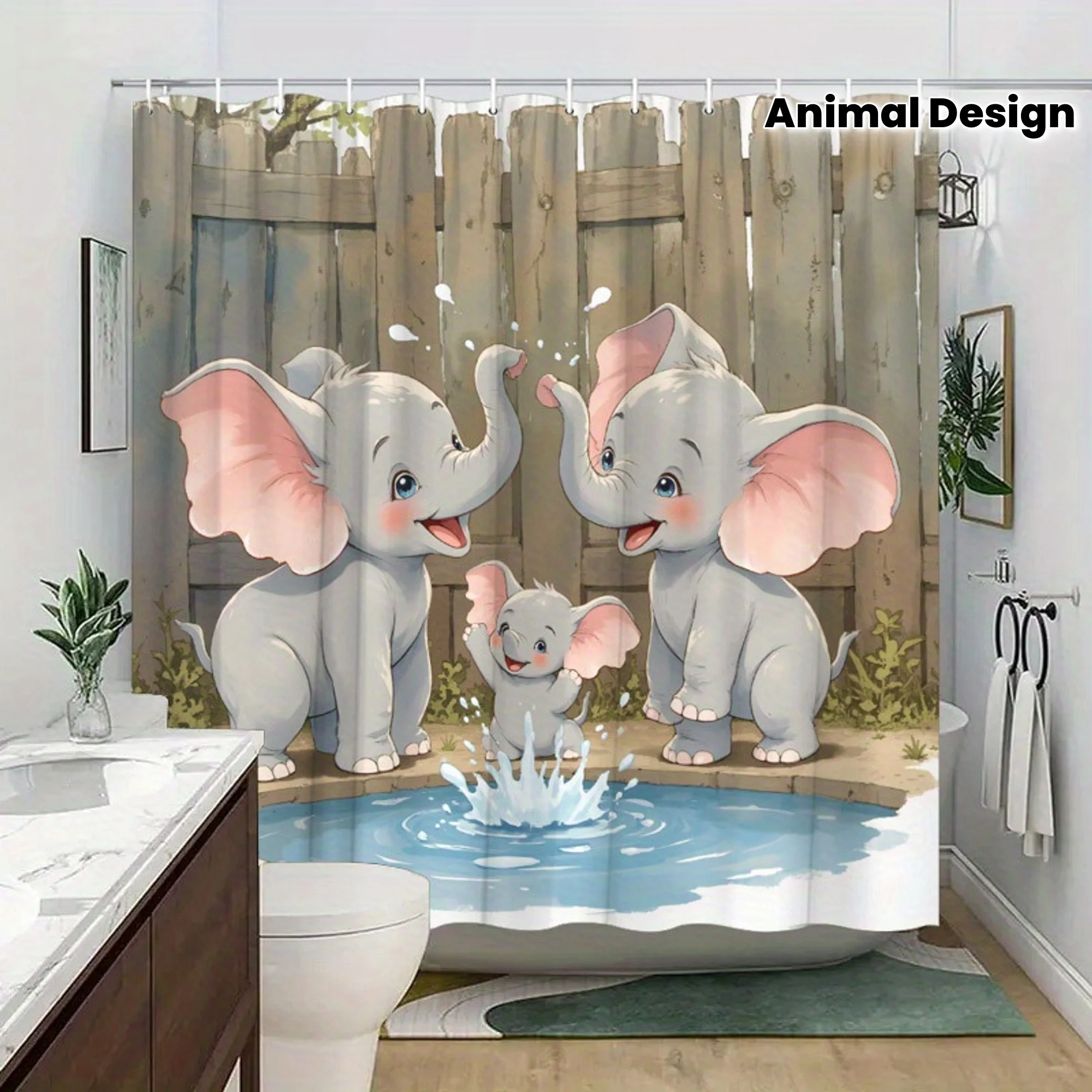 Cute Baby Elephants Playing in Water Shower Curtain Waterproof Moisture Proof Privacy Protection  Animal Design Cartoon Kids