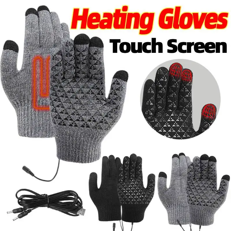 

Зимние перчатки с электрическим подогревом, вязаная грелка для рук с сенсорным экраном, USB-нагреватель, перчатки с подогревом на полный палец для верховой езды, кемпинга